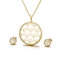 Golden stainless steel jewelry set with circular hollow design and crystal accents - Stainless Steel + 925 Silver Pin / Fan Shaped Hollow Style (KS112602-KC)