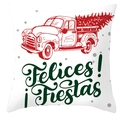 Detail view of a white Christmas cushion cover with red truck and green Felices Fiestas text - White with Red Vintage Truck Felices Fiestas