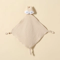Beige muslin baby security blanket with fox head embroidery and knotted corners - Khaki