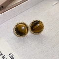 Close-up of vintage brown tiger eye earrings with golden twisted metal edge detail - 34# Silver Needle-Gold-Coffee