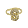 Gold letter S bubble ring with pave cubic zirconia and adjustable open band design - Adjustable Open / Gold-S