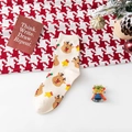 Beige Christmas mid-calf cotton sock with reindeer and bell pattern on checkered background - One Size / White