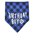Blue buffalo plaid pet birthday bib featuring white Birthday Boy print for dogs - Rolled Edge Plaid Bandana / Sapphire Blue