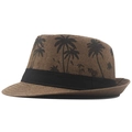 Dark brown straw fedora hat featuring black palm tree prints and a black grosgrain ribbon band - 58cm / Coffee