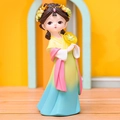 Cute resin figurine of a girl in yellow, pink and blue gradient Hanfu dress with fan - B143 Fan - Large