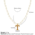 Freshwater pearl necklace with gold stainless steel letter T pendant and size details - Letter T (XL185 Artificial Pearl T Gold-Tone Necklace)