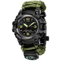 Tactical dual-display watch with army green paracord strap and built-in compass - Best Seller Green