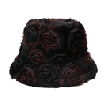 Thick plush bucket hat with 3D rose pattern in black and brown faux fur texture - M (56-58cm) / Black