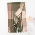 Soft green beige plaid cashmere scarf with tassels styled on minimalist desk - Green