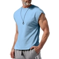 Detail view of light blue sleeveless crew neck t-shirt with breathable fabric texture - Light Blue