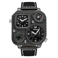 Oulm black square men's quartz watch with dual time zones and compass leather strap - Black