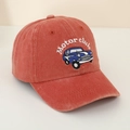 Detail of vintage car embroidery and Motor club lettering on washed cotton baseball cap - 52cm (2-6 Years) / Orange Red