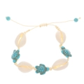 Handmade woven anklet featuring natural white shells and a blue turtle bead on beige cord - Sea Turtle (N-242)