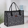 Large capacity gray leopard print tote bag with black woven handles and leather patch - Grey Large