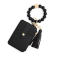 Black silicone bead wristlet keychain with pebbled leather wallet and tassel - Black
