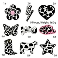 9-piece set of black and white cow print embroidered patches featuring cute animal motifs - 9Pcs Cow Print Patch Set