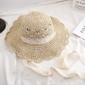 Beige hand-woven straw sun hat with floral cutouts and white lace chin strap - One Size / Scalloped Hollow Lace Ribbon - Beige