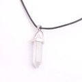 Polished white hexagonal crystal point pendant necklace with black cord and silver clasp - White Crystal