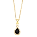 Detailed view of pear-shaped black zircon pendant with pavé diamond halo on gold chain - Black