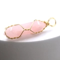 Handmade wire-wrapped rose quartz hexagonal column pendant necklace in golden finish - Rose Quartz