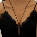 Vintage dark wooden cross necklace for Halloween with adjustable dark brown leather cord - Brown (5147)