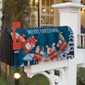 Outdoor Christmas mailbox cover with Santa Claus and train illustration on blue fabric - Christmas Train Style (Style F)