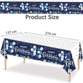 Detail of navy blue happy birthday tablecloth showing dimensions 274x137cm and festive patterns - Navy Blue Birthday Celebration