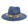 Detail of navy straw fedora with ethnic beaded band, turquoise stone, and grey tassels - Navy Blue