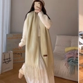 Soft macaron beige cashmere-feel long scarf with tassels and small leather label - Warm Light Green