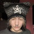 Cat ear knitted beanie in black and gray mix featuring white star patch and tassels - Black Grey Star