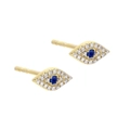 Detail of gold evil eye stud earrings with blue zircon and white crystal accents - Evil Eye Stud-EH00681