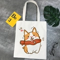Kawaii Corgi cartoon print white canvas tote bag for women featuring a sturdy shoulder strap - Corgi with Red Scarf