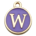Golden round pendant with purple enamel and letter W for DIY jewelry making - Letter W Pendant Only (Without Chain) / 1 Piece (12x14mm) / Purple