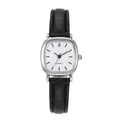 Close-up of a square silver watch with a white dial and black leather strap in minimalist style - Silver Case White Dial Black Strap