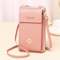 Pink vertical cross-body phone bag with daisy embroidery and multi-functional wallet design. - Pink