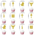 Set di 12 topper per torta con croci e angeli dorati glitterati per battesimi e comunioni - Topper per Cupcake di Comunione 12 Pezzi