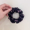 Black double-layer lace scrunchie with pink ribbon bows and soft silk texture - Q616-3 Black Pink Bow Small