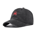 Close-up of vintage washed cotton baseball cap with red crab embroidery detail - Adjustable / Black