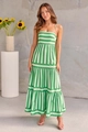 Detailed view of backless green and white striped maxi dress with functional side pockets - S / Green