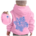 Pink kids hoodie with Chasing Sunsets floral print on back and blue palm tree logo - Tops / Size 100 / Pink
