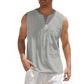 Detail view of lace-up V-neck and chest pocket on men's linen blend sleeveless shirt - S / Gray