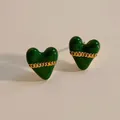 Deep green heart-shaped enamel stud earrings with gold chain detail for women - Green
