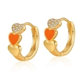 18K gold plated brass heart hoop earrings with orange enamel and cubic zirconia stones - Orange Triple Heart (KE0717-1)