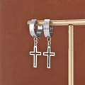 Detail view of silver cross hoop earrings hanging on a gold T-stand display stand - Steel (A-4)