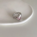 Elegant S925 silver adjustable ring with a pink heart zircon and woven chain band - Silver Woven Heart Pink Zircon Open Ring