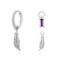Elegant 925 sterling silver hoop earrings with feather charms and purple zircon pendant - Silver