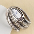 Silver snake-shaped wrap watch with double-spiral band and crystal-encrusted bezel - White Dial / Silver