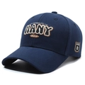 Navy blue baseball cap with 3D letter embroidery and a side shield patch detail - Adjustable / Navy Blue
