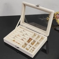 Cremeweiße Samt-Schmuckschatulle mit Glasdeckel für Ringe und Halsketten - Beige