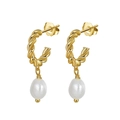 Elegant gold twisted C-shape drop earrings with white natural teardrop pearls in S925 silver - GPE17 Twisted Rope C-Shape Pearl Drop / Gold